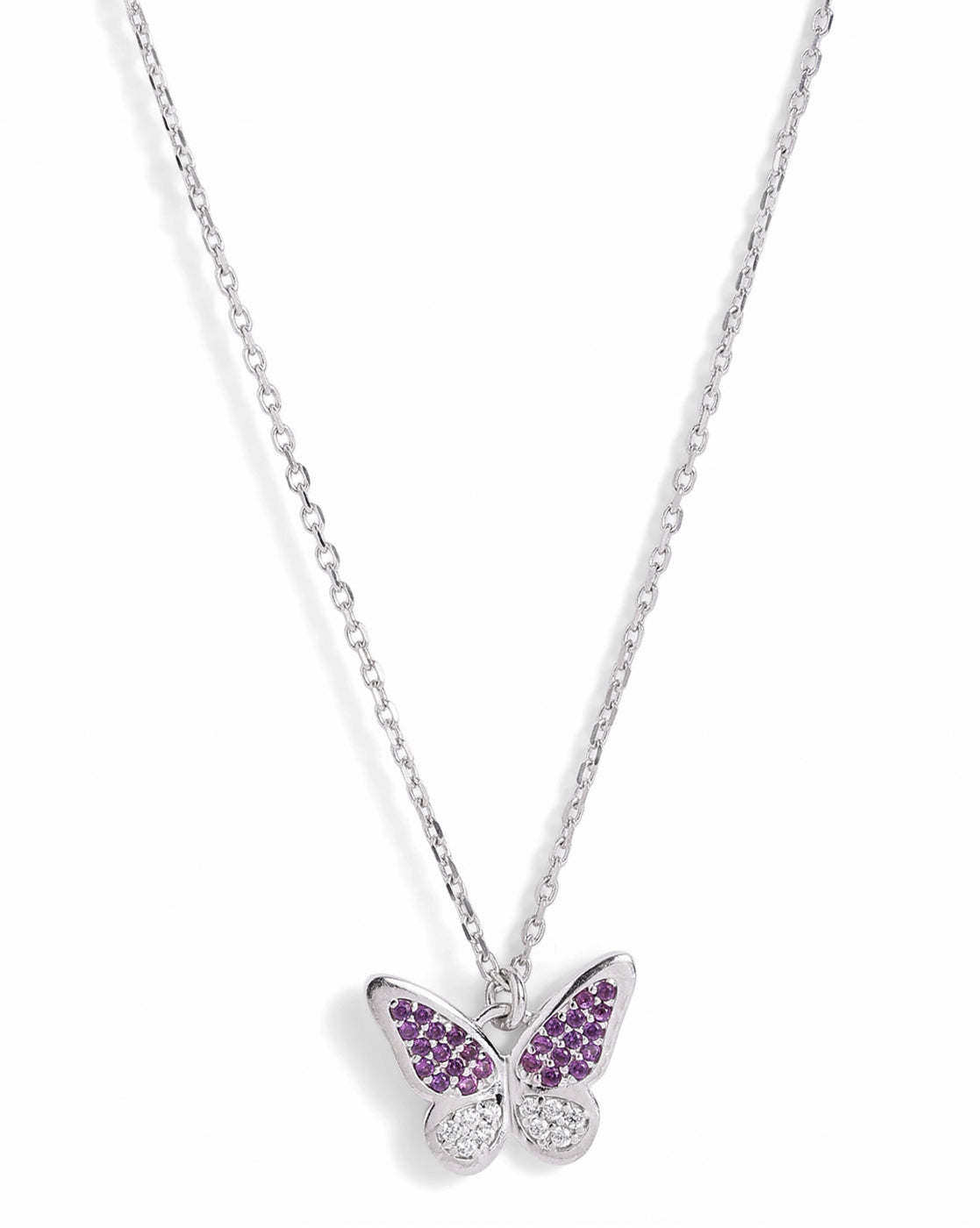 Rhodium Plated Amethyst CZ Studded Butterfly Pendant and Chain Necklace