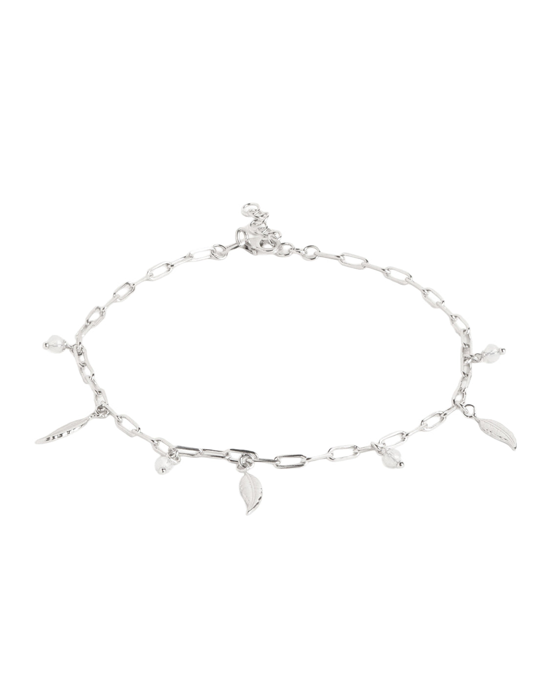 Rhodium Plated Dainty Leaf &amp; Crystal Charm with Paperclip Adjustable Chain Anklet