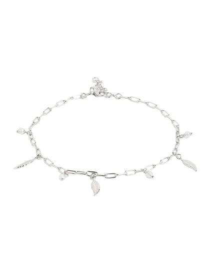 Rhodium Plated Dainty Leaf &amp; Crystal Charm with Paperclip Adjustable Chain Anklet