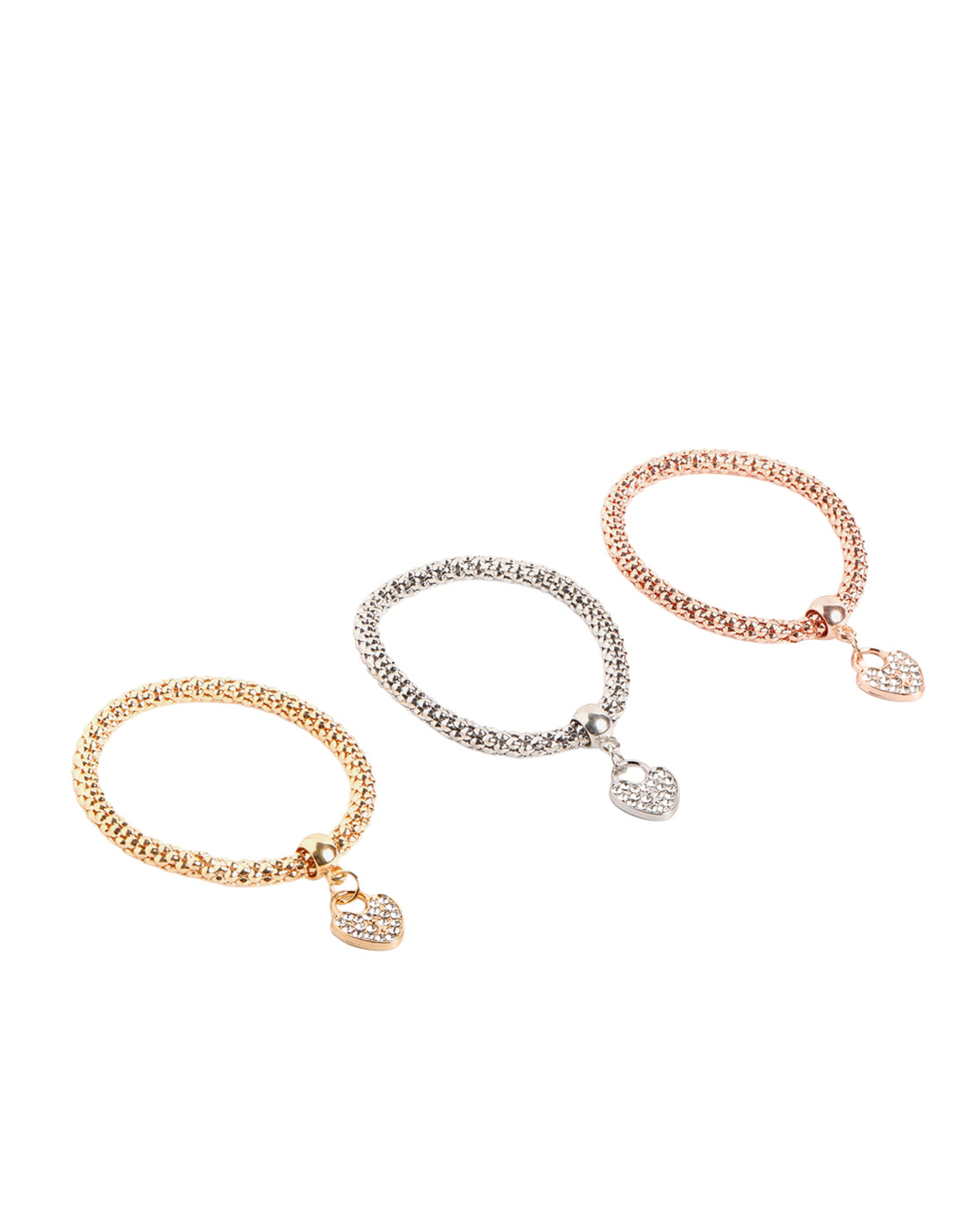Tri-Tone Multi-Strand CZ Studded Heart Charm with Popcorn Chain Stretchable Bracelets