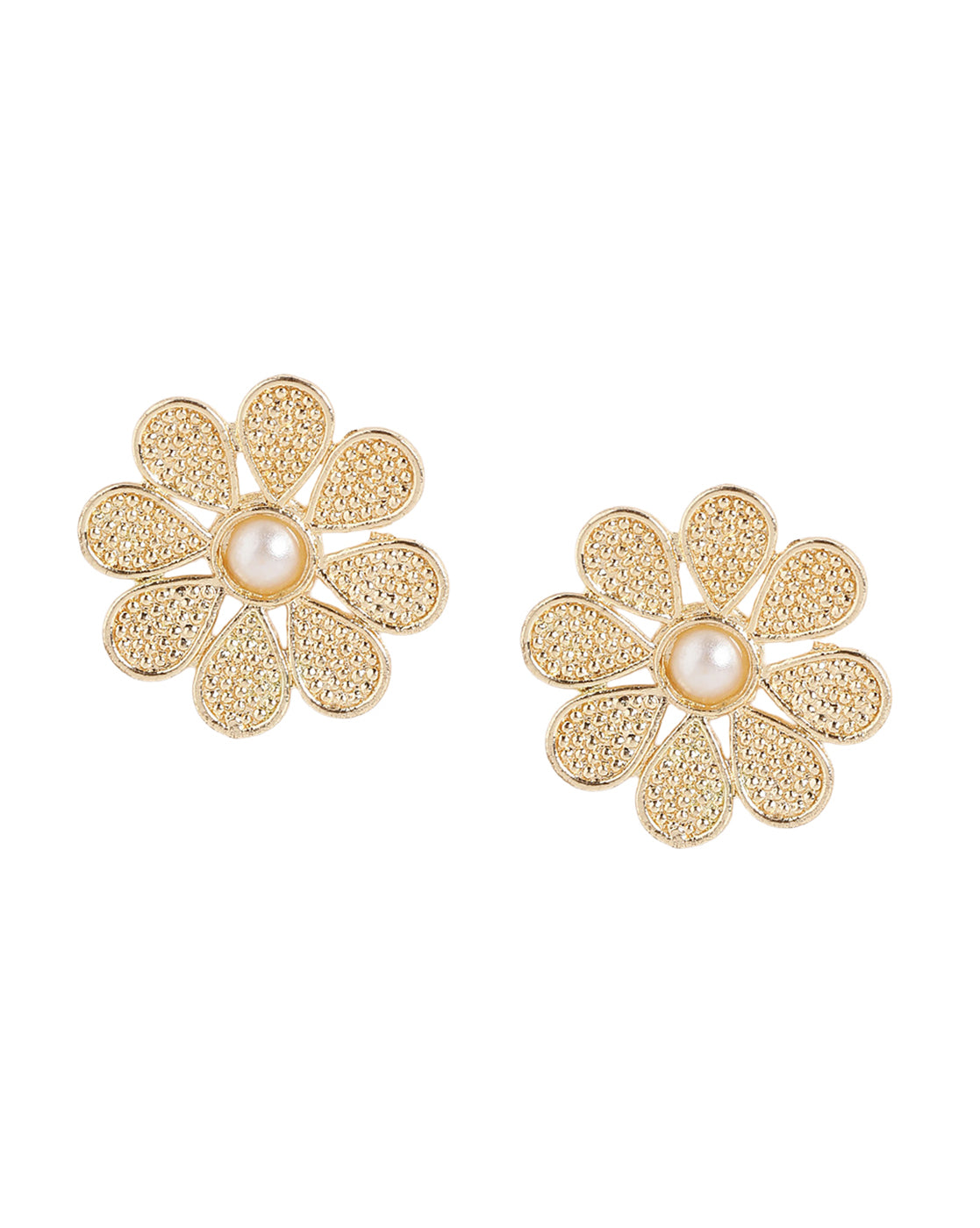 Gold Plated Pearl Textured Blossom Flower Stud Earrings