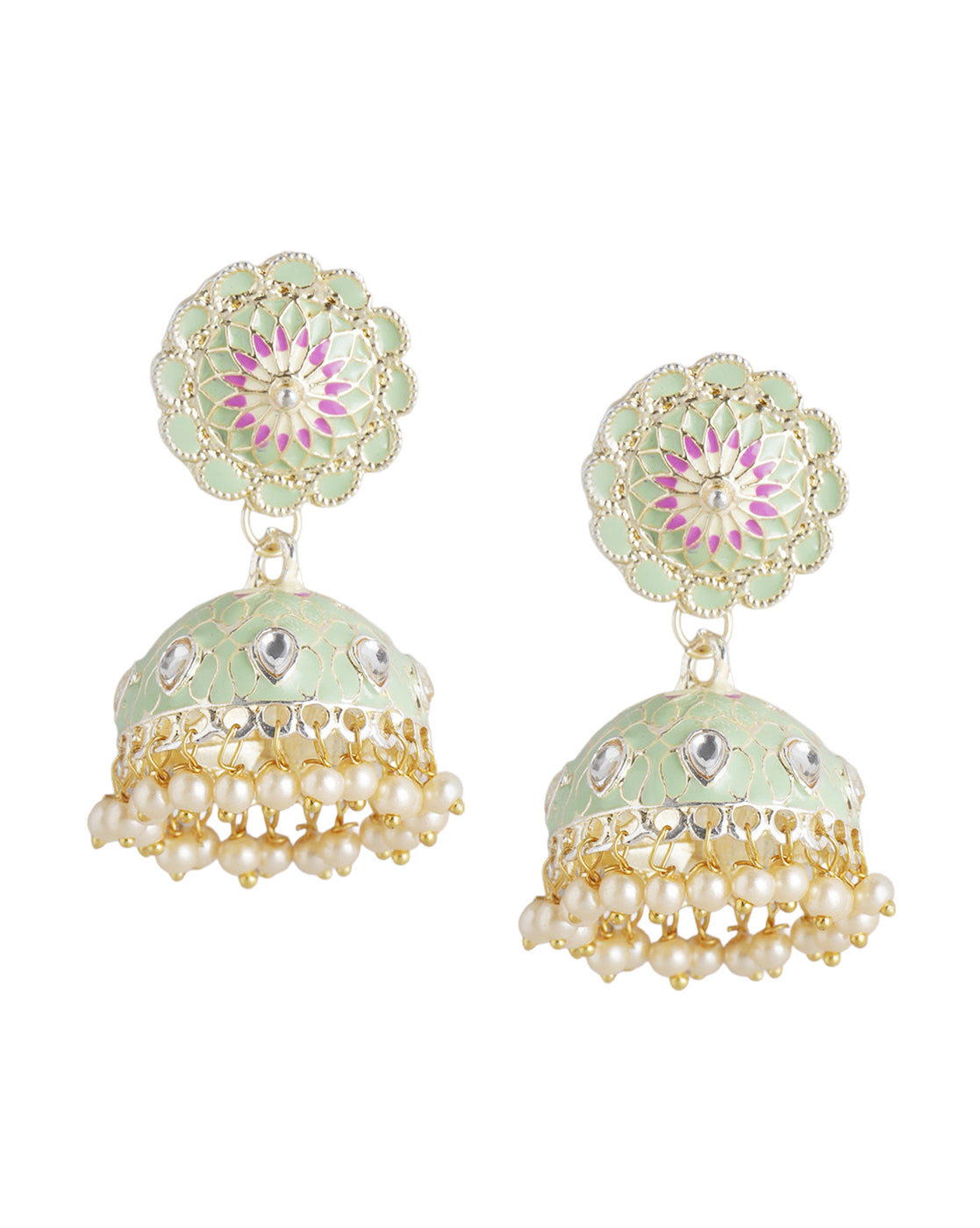 Gold Plated Kundan and Pearl Green Enamel Floral Dome Jhumka Earring