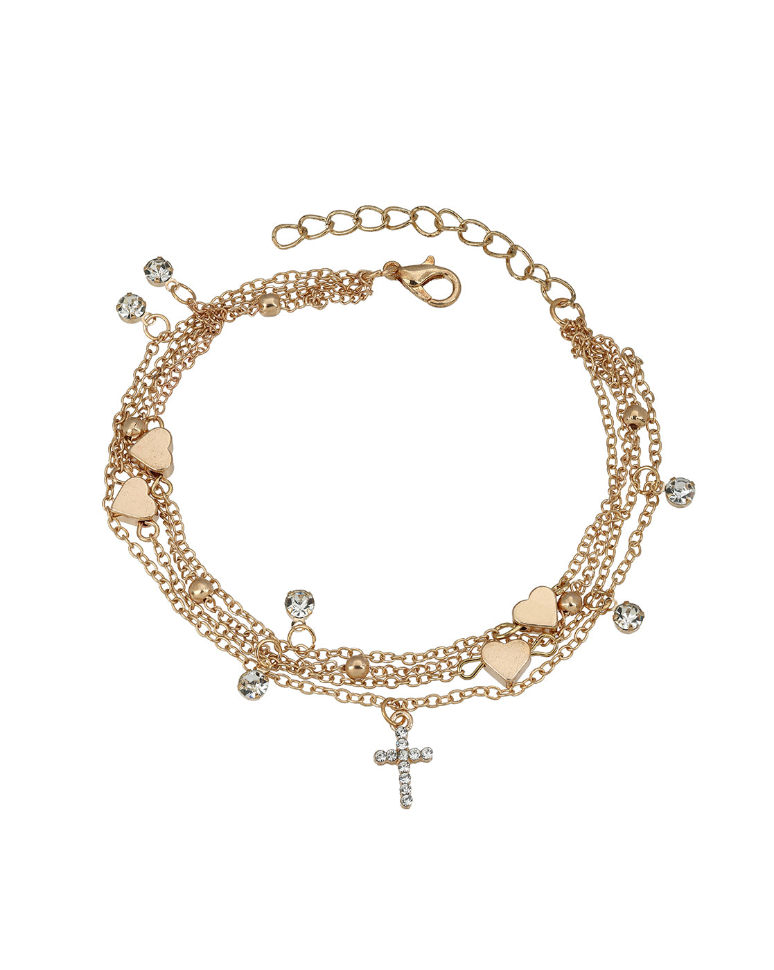 Set of 4 Rose Gold Plated Heart, Solitaire &amp; CZ studded Cross Layered Anklet