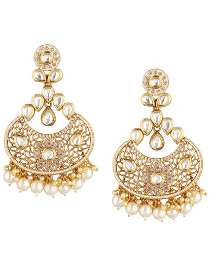 Gold Plated Polki Kundan Studded Chandbali with Pearl Drop Earring