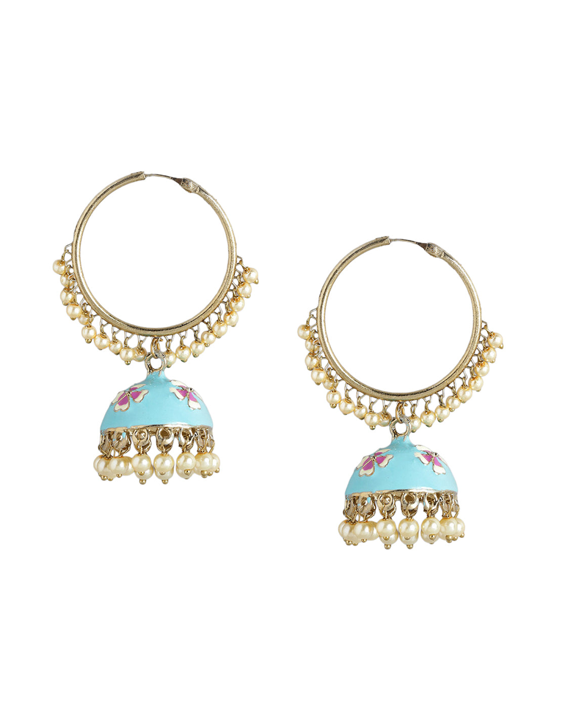 Gold Plated Enamel Meenakari Jhumka Earrings with Pearl Drops