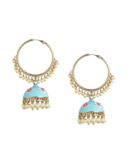 Gold Plated Enamel Meenakari Jhumka Earrings with Pearl Drops
