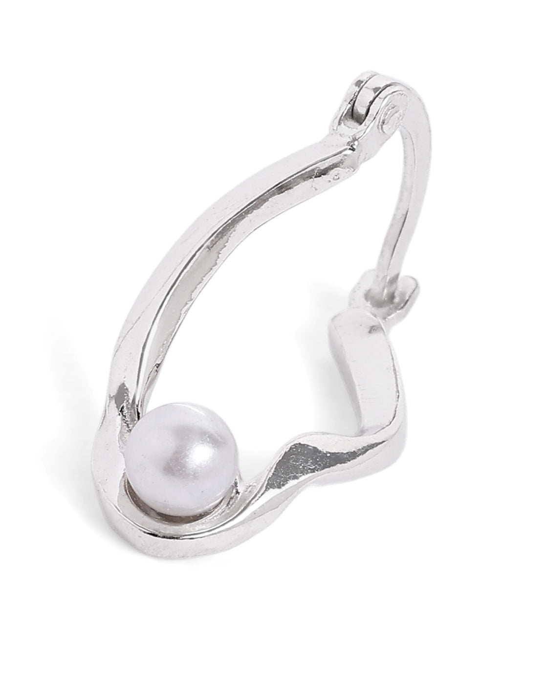 Rhodium Plated Pearl Contemporary Hoop Earring
