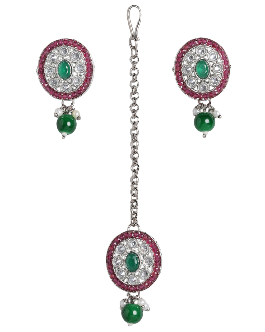 Silver Plated Emerald Green &amp; Ruby Pink Stone Maang Tikaa and Earring Set
