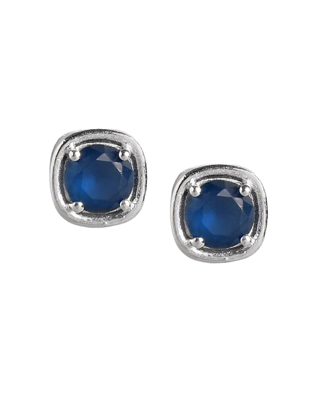 Rhodium Plated Elegant Sapphire Blue Cushion Solitaire Stud Earring