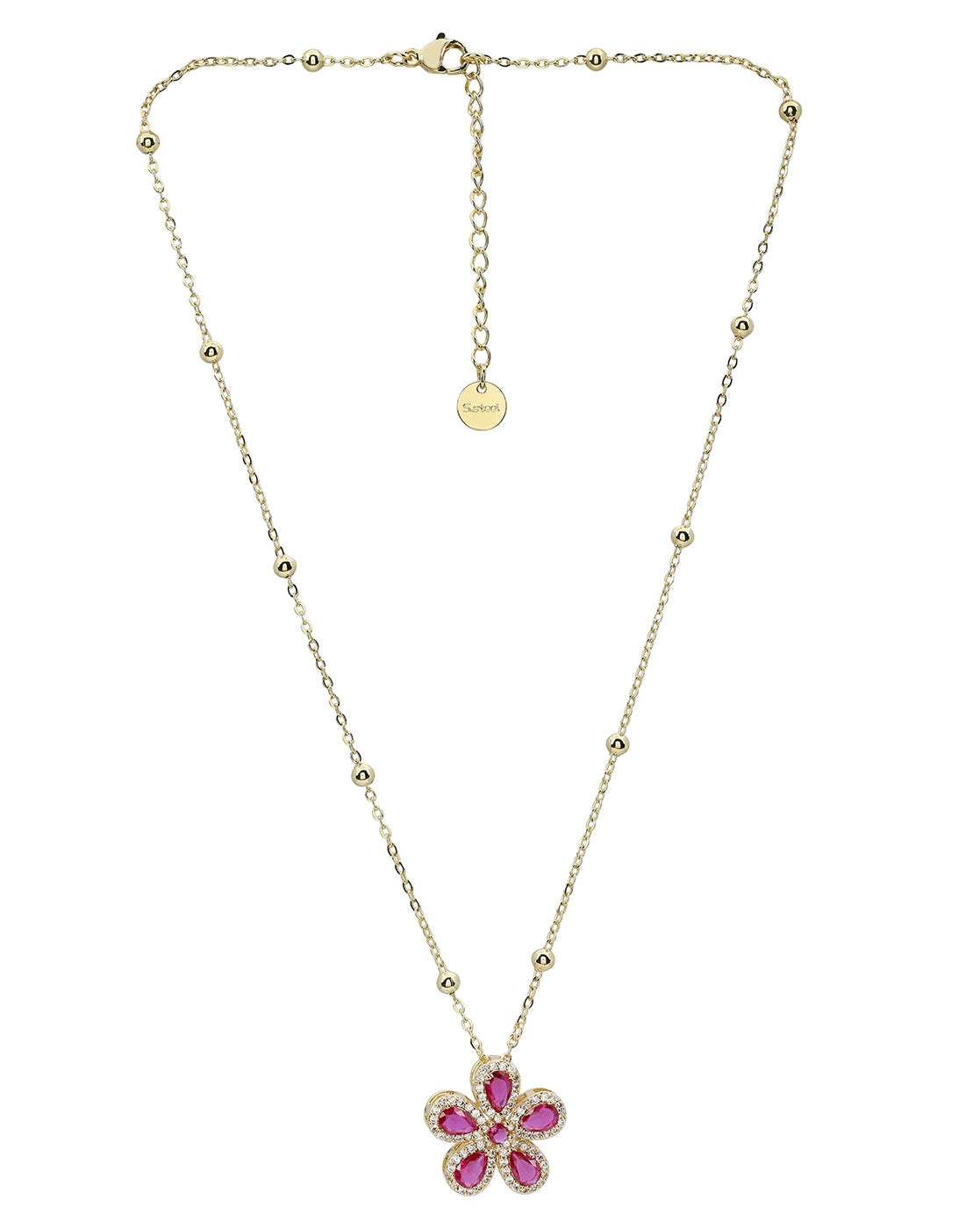 Gold Plated Designer Ruby Red Flower with CZ Pendant and Chain