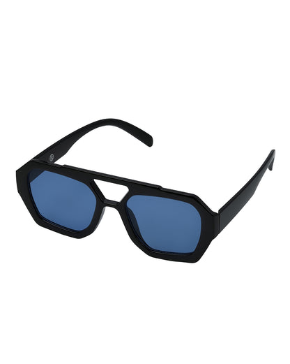 Unisex Black Toned UV Protected Blue Lens Hexagonal Sunglasses