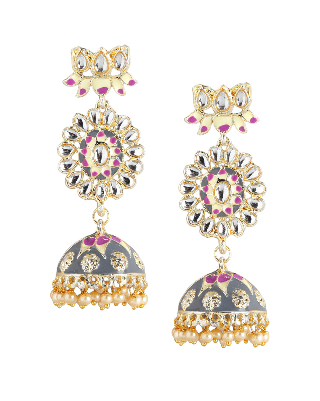 Gold Plated Polki Kundan Studded Enamel Jhumka Earring