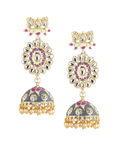 Gold Plated Polki Kundan Studded Enamel Jhumka Earring
