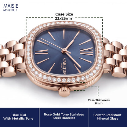 Carlton London Maisie Women’s Watch - Dark Blue Rectangle Dial, Rose Gold Stainless Steel Strap - MSRGBLU