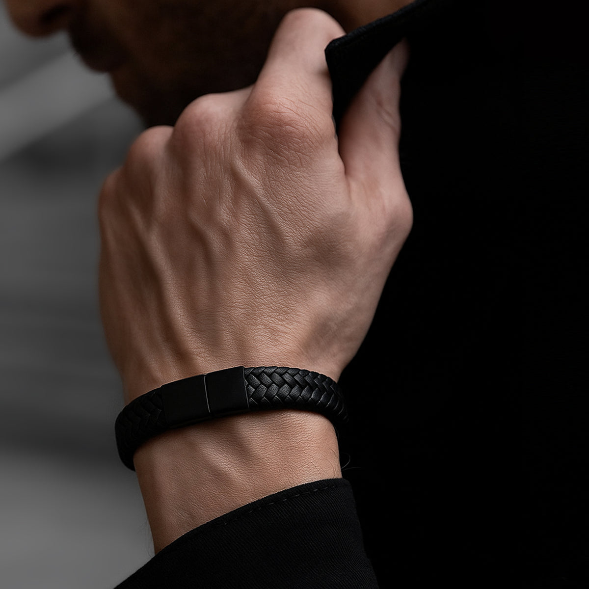 Men Black Leather Terra Band Bracelet  - CLJW-38
