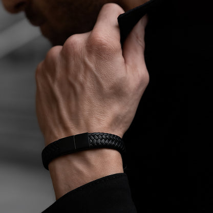 Men Black Leather Terra Band Bracelet  - CLJW-38