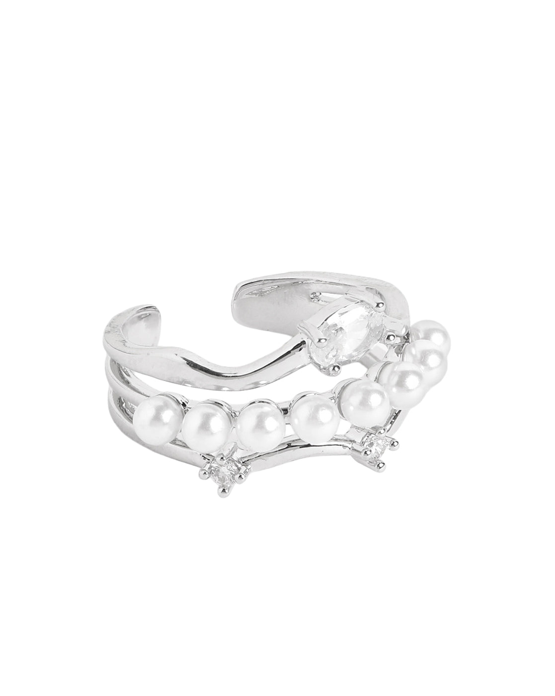 Silver-Plated Contemporary Pearl and CZ Adjustable Ring