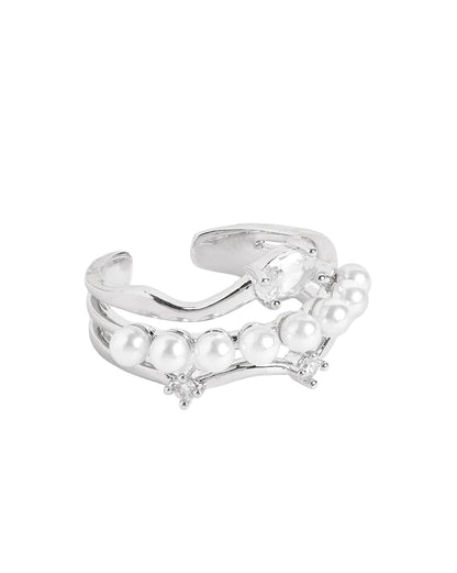Silver-Plated Contemporary Pearl and CZ Adjustable Ring