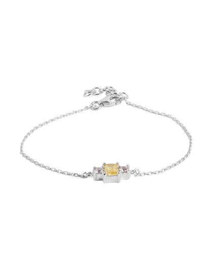 Rhodium Plated with Citrine-Yellow Baguette CZ and Lavender Round CZ Minimalistic Charm Adjustable Bracelet