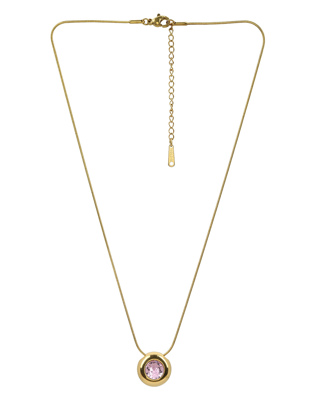 Gold Plated Pink Solitaire Studded Round Pendant and Snake Chain