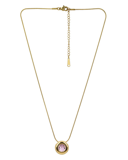 Gold Plated Pink Solitaire Studded Round Pendant and Snake Chain