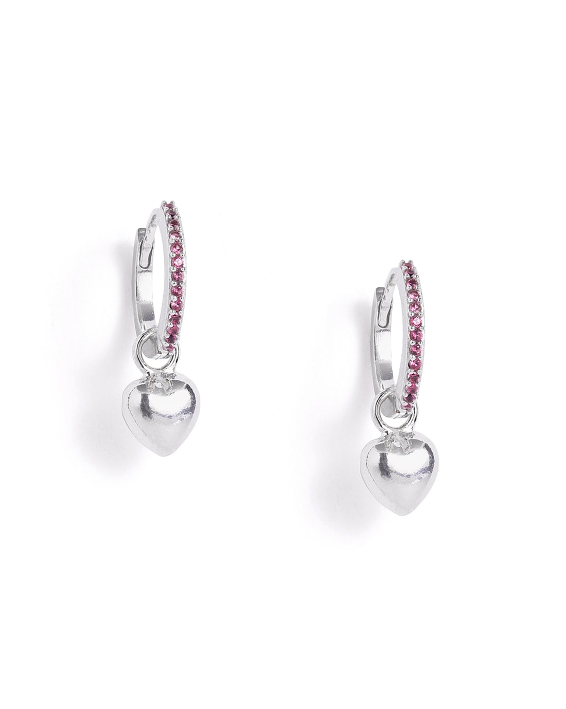 Rhodium Plated Ruby Red Studded Dangling Puffed Heart Mini Hoop Earring
