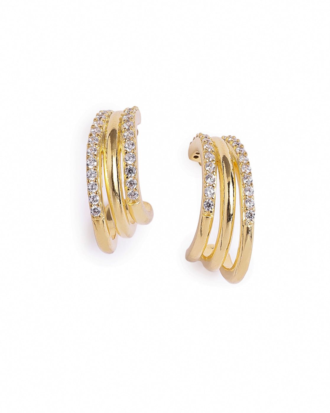 18kt Gold Plated CZ Triple Layered Huggie Half Hoop Earring