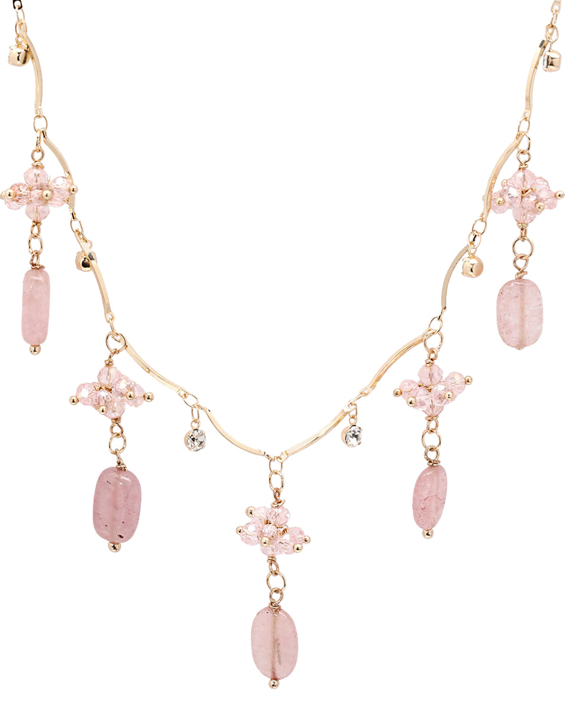 Gold Plated Dainty Rose Pink Beaded Floral Wave Necklace