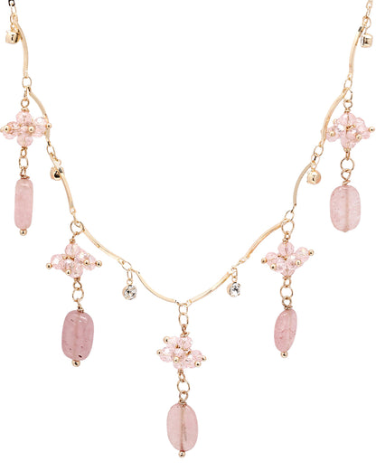 Gold Plated Dainty Rose Pink Beaded Floral Wave Necklace