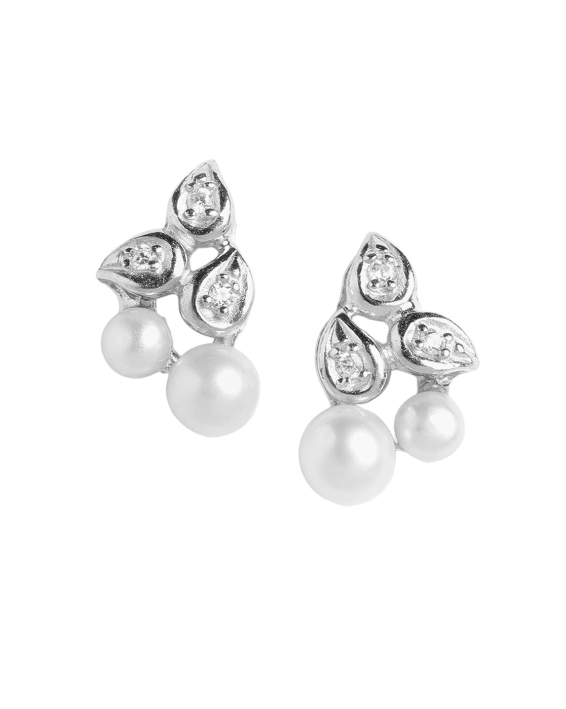 925 Sterling Silver Rhodium Plated CZ and Pearl Contemporary Mini Stud Earring