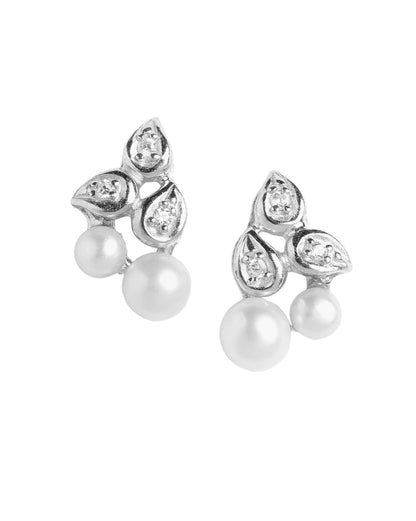 925 Sterling Silver Rhodium Plated CZ and Pearl Contemporary Mini Stud Earring