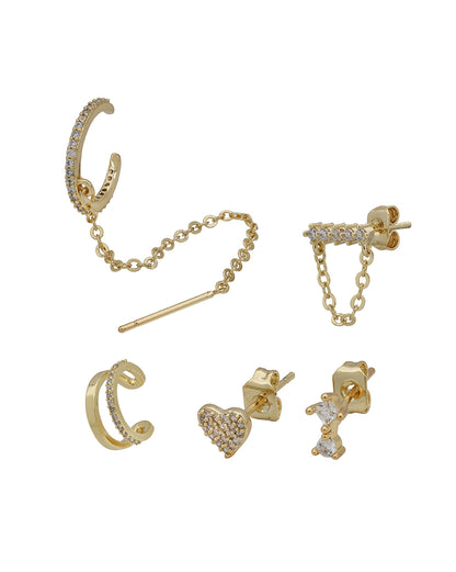 Set of Gold Plated Contemporary CZ Studded Heart, Cuff &amp; Ear Piercing Set