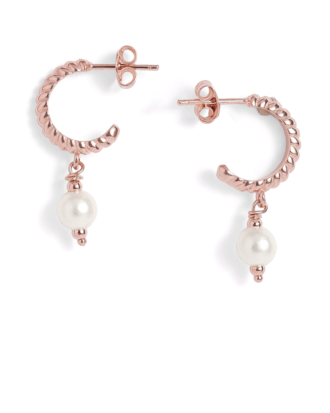 18kt Rose Gold Plated Dangling Pearl Geometric Half Hoop Earring