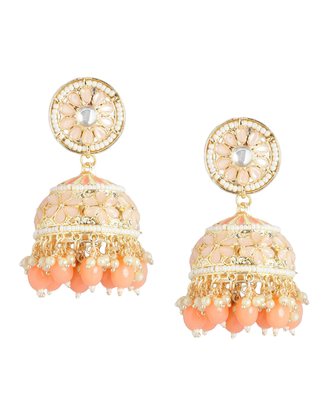 Gold Plated Kundan Lattice Jhumka Earrings with Peach Teardrop Bead Drops