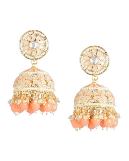 Gold Plated Kundan Lattice Jhumka Earrings with Peach Teardrop Bead Drops