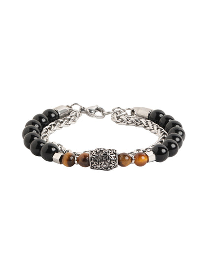 Men Silver Plated Bead Double Chain Layered Bracelet