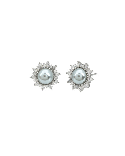 Silver Plated CZ Studded Pearl Halo Floral Stud Earring