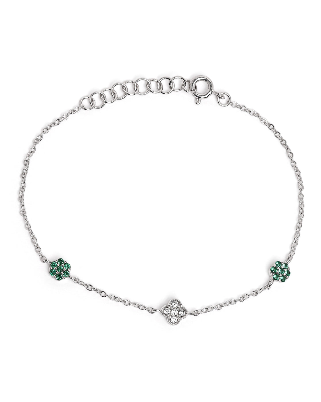 Rhodium Plated Green CZ Van Cleef Charm Adjustable Bracelet