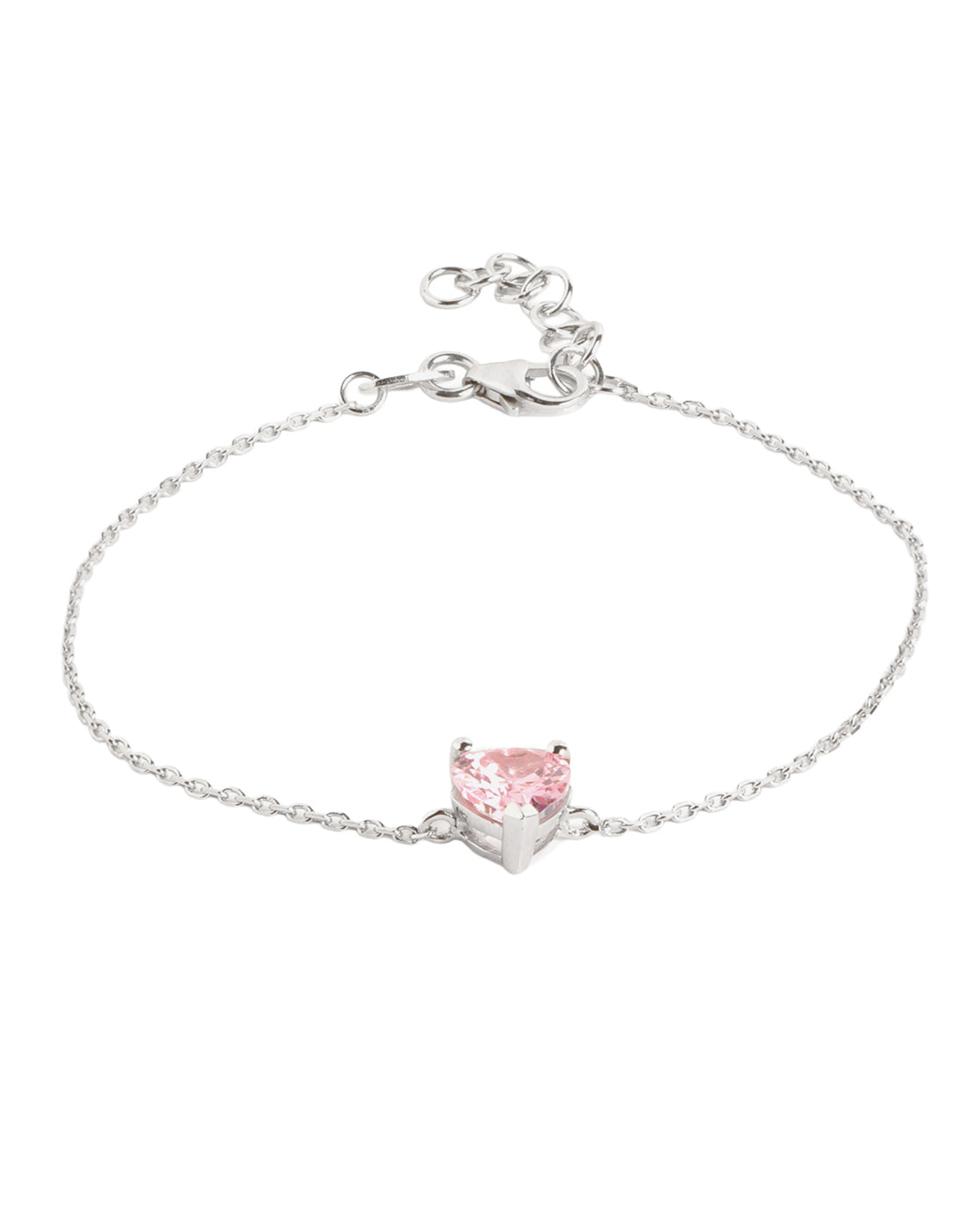Rhodium Plated Petite Pink CZ Solitaire Heart Adjustable Chain Bracelet
