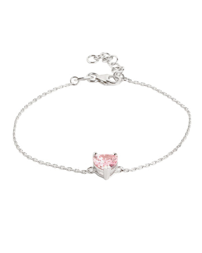 Rhodium Plated Petite Pink CZ Solitaire Heart Adjustable Chain Bracelet