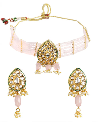 Gold-Plated Royal Pink Bead Kundan Choker Set