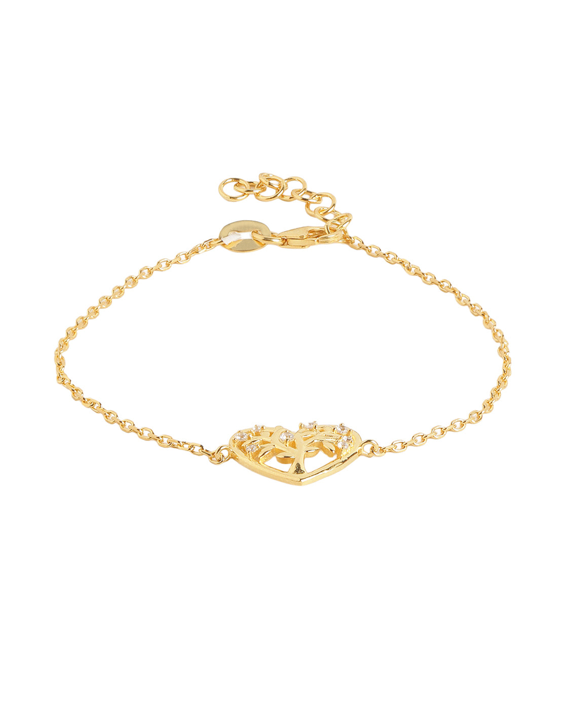 18kt Gold Plated CZ Studded Tree of Life Heart Charm Adjustable Bracelet