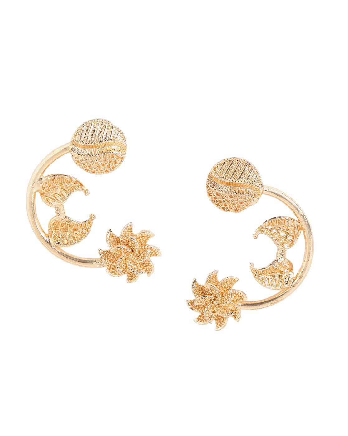 Gold Plated Textured Crescent Moon Drop Floral Earrings