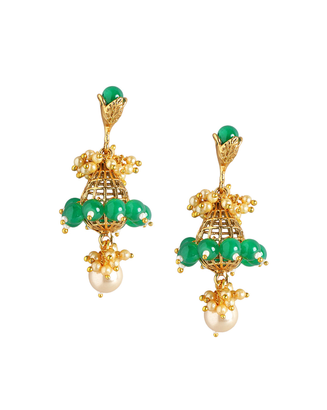 Gold Plated Ethnic Statement Earrings with Pearl &amp; Green Beads