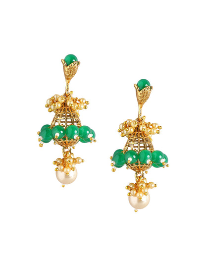 Gold Plated Ethnic Statement Earrings with Pearl &amp; Green Beads