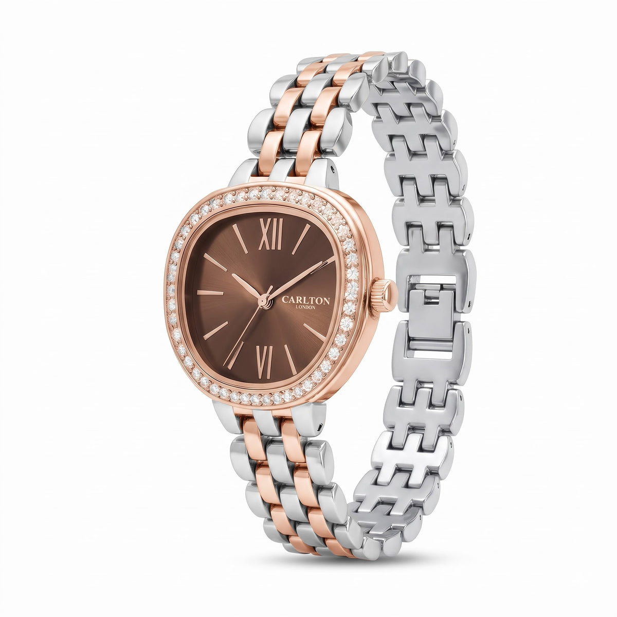 Carlton London Maisie Women’s Watch - Brown Rectangle Dial, Dual Tone Stainless Steel Strap - MSDTBRN