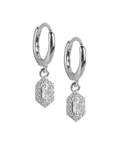 925 Sterling Silver Rhodium Plated CZ Geometric Hoop Earring