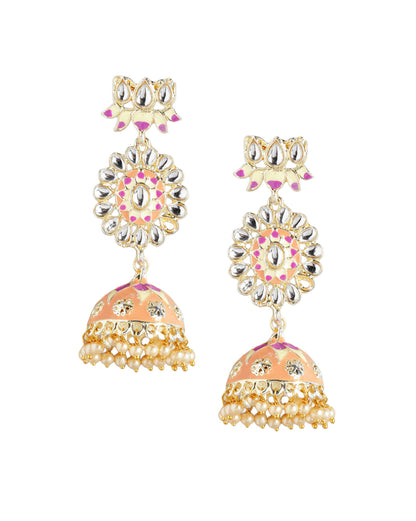 Gold Plated Kundan Medallion Jhumka Earrings with Peach Meenakari Dome &amp; Pearl Drops