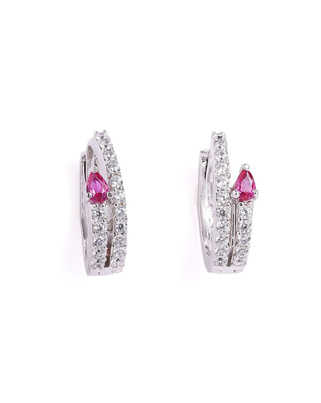 Rhodium Plated Ruby Red Studded Mini Hoop Earring