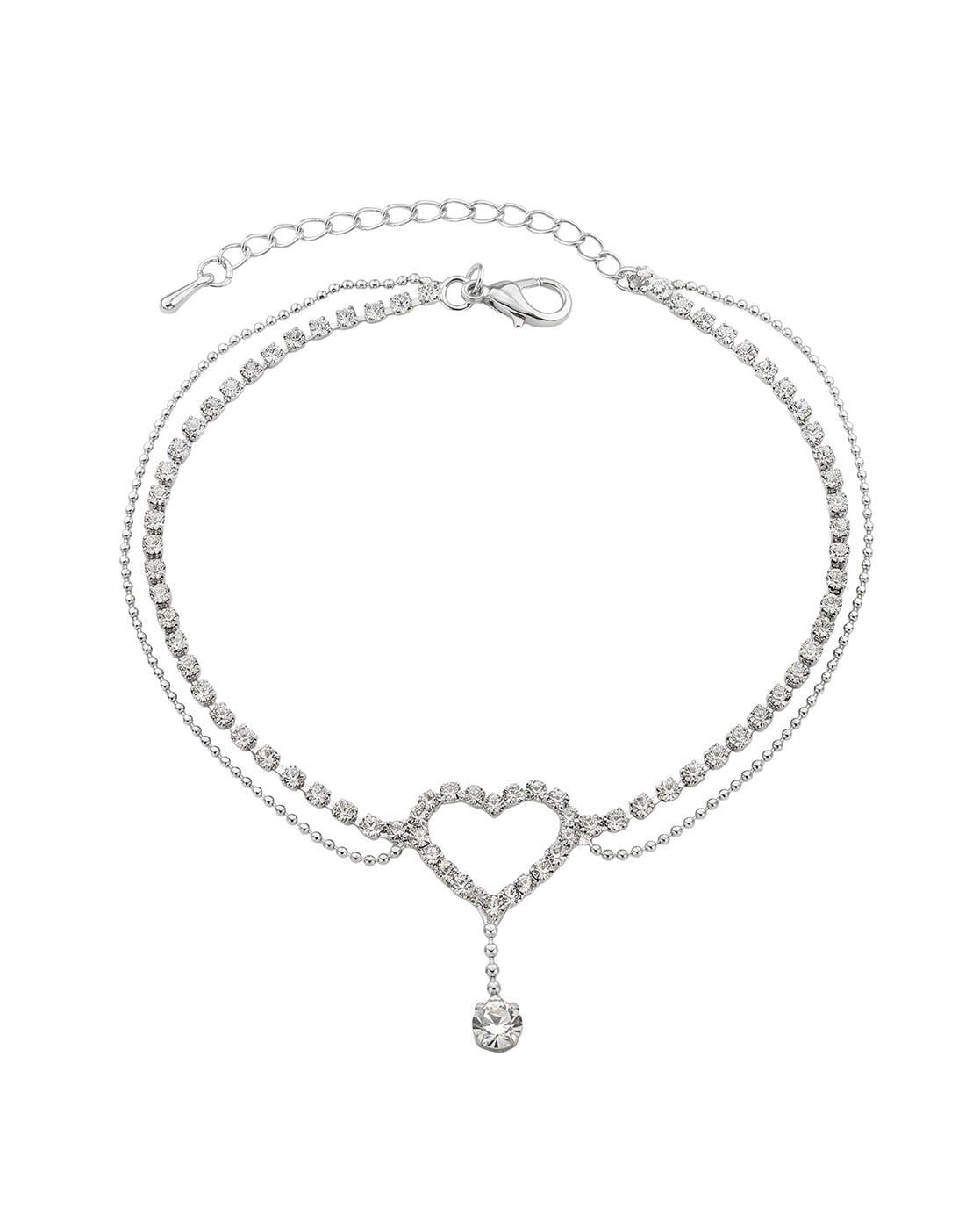 Silver Plated CZ Studded Heart and Dangling Solitaire Layered Anklet